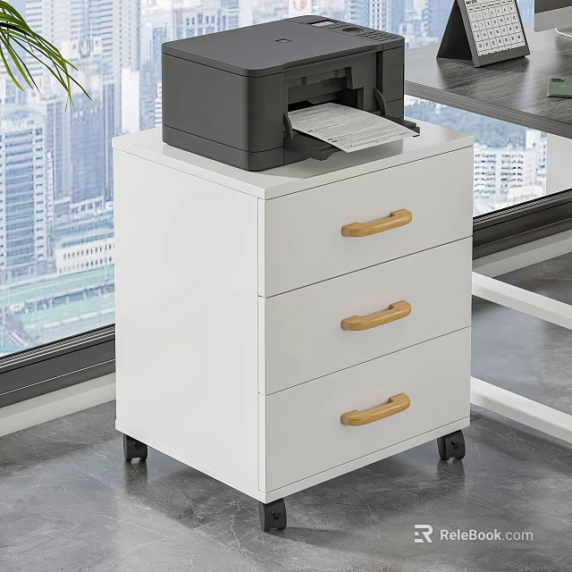 Ergonomic Office Chair In Modern Workspace With Mobile Filing Cabinet Printer And City View 3d model 