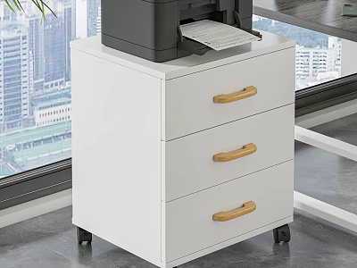 Ergonomic Office Chair In Modern Workspace With Mobile Filing Cabinet Printer And City View 3d model