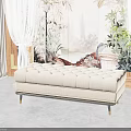 Elegant Tufted Beige Bench With Metal Legs In Floral Mural Room With Curtains And Plants