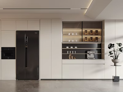 Modern Kitchen Sideboard With White Cabinetry Glass Door Display And Coffee Machine Plant 3d model