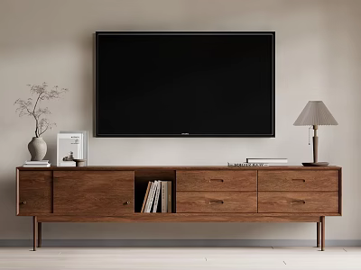 Modern Wooden TV Stand With TV Vase Photo Frame Lamp And Books 3d model