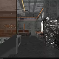 Industrial Vintage Hotpot Restaurant Interior With Weathered Brick Walls Arched Structure And Orange Chairs
