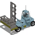 Blue Forklift With Tall Lifting Forks Yellow Black Warning Stripes Operator Cab And Large Wheels