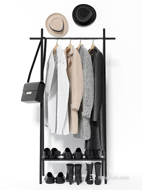 Stylish Modern Clothes Hanger With Hanging Coats Sweaters And Black Handbag 3d model 