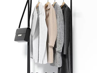 Stylish Modern Clothes Hanger With Hanging Coats Sweaters And Black Handbag 3d model