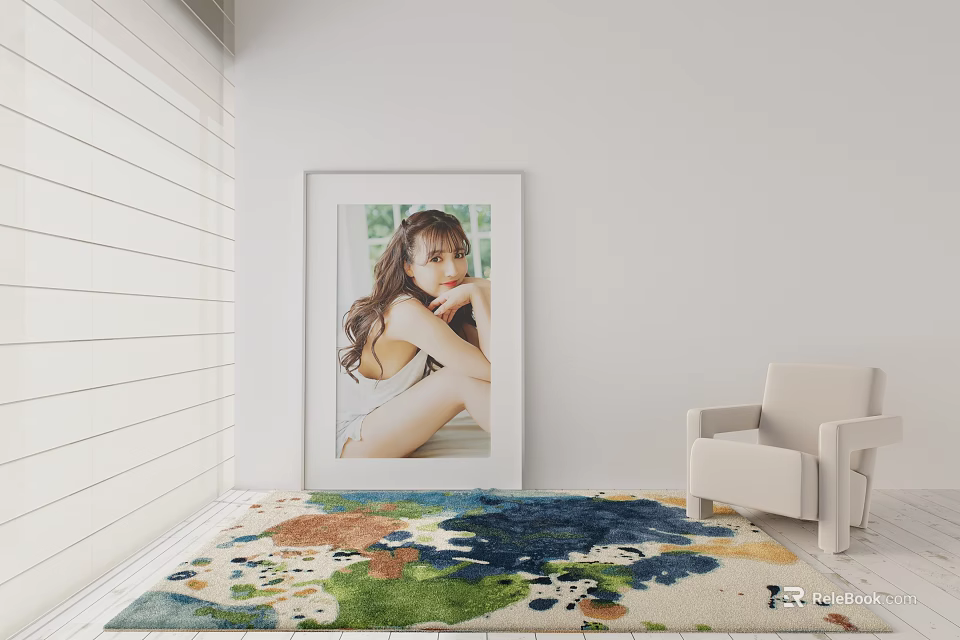 Colorful Square Rug in Bright Room with White Chair and Framed 3d model 