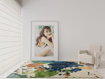 Colorful Square Rug in Bright Room with White Chair and Framed 3d model