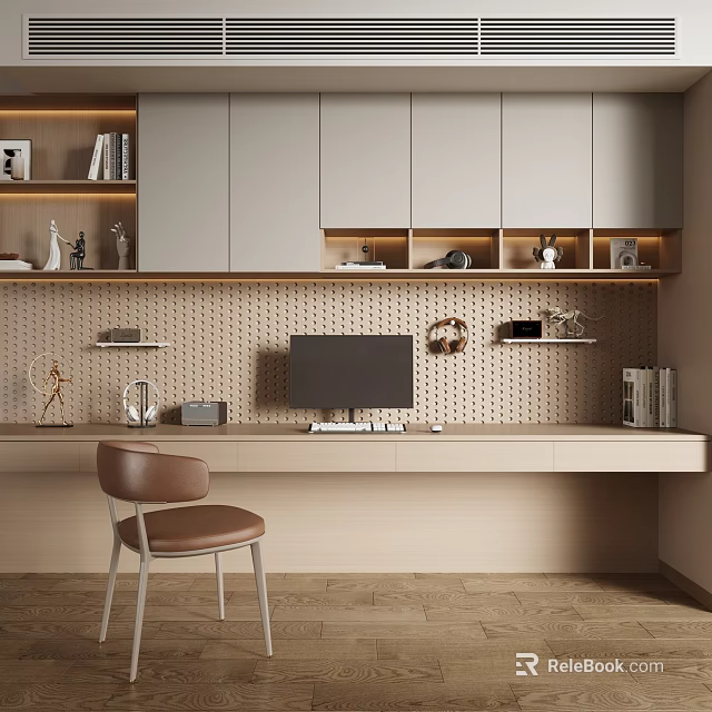 Minimalist Study Room Interior Design With Light Gray Cabinets Brown Chair And Bookshelves 3d model 
