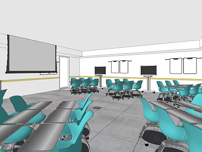 School Classroom With Teal Chairs Desks Large Screen And Projector Setup 3d model