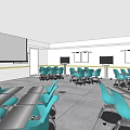 School Classroom With Teal Chairs Desks Large Screen And Projector Setup 3d model