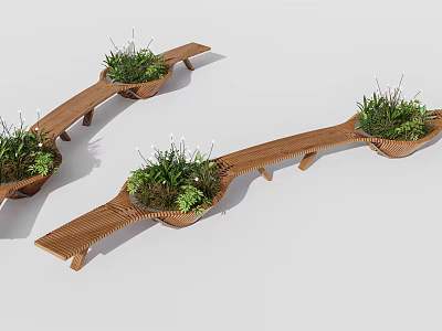 Wooden Outdoor Chair With Integrated Plant Planters For Garden And Patio Spaces 3d model