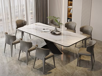 Modern Dining Space With Marble Table Gray Chairs And Green Plant Interior 3d model
