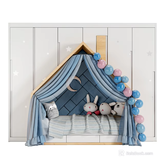 House Shaped Kids Bed With Blue Curtains Moon Star Decor And Plush Toys 3d model 