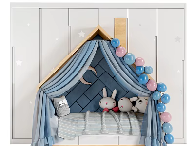 House Shaped Kids Bed With Blue Curtains Moon Star Decor And Plush Toys 3d model