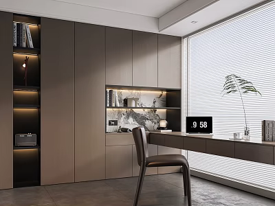 Modern Study Room Interior with Cabinetry Lit Open Shelves Desk Chair Window Blinds and Plant 3d model