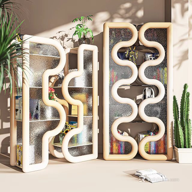 Modern Wavy Design Storage Shelving Unit With Transparent Panels Wooden Frame Decorative Items And Plants 3d model 