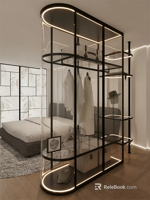 Modern Open Wardrobe With Black Metal Frame Glass Shelves And White Clothes In Bedroom 3d model 