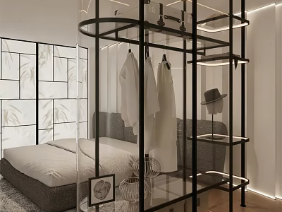 Modern Open Wardrobe With Black Metal Frame Glass Shelves And White Clothes In Bedroom 3d model