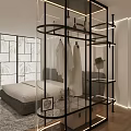 Modern Open Wardrobe With Black Metal Frame Glass Shelves And White Clothes In Bedroom