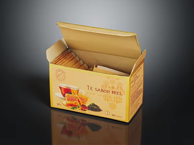 Open Yellow Carton Containing Tea Bags With Tea Cup And Snacks Illustration 3d model