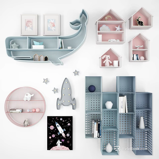 Cute Wall Cabinets In Children's Room With Whale Blue Pink House Shape Star Decor 3d model 
