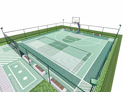 Outdoor Basketball Court Featuring Fence Benches Green Surroundings And Marked Surface 3d model