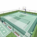 Outdoor Basketball Court Featuring Fence Benches Green Surroundings And Marked Surface