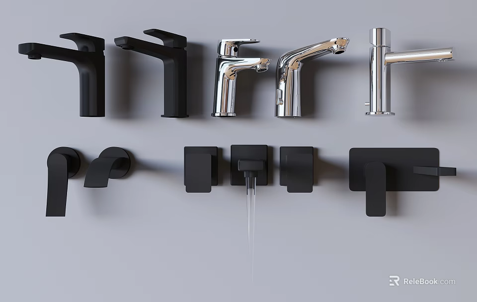 Various Modern Faucet Styles In Black And Silver Finishes For Home Bathroom And Kitchen 3d model 