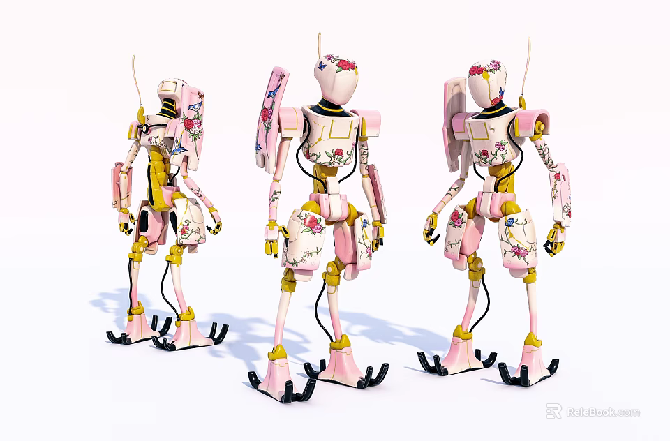 Three Smart Machines Featuring Pink Yellow Design With Floral Patterns And Antennas 3d model 
