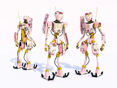 Three Smart Machines Featuring Pink Yellow Design With Floral Patterns And Antennas 3d model