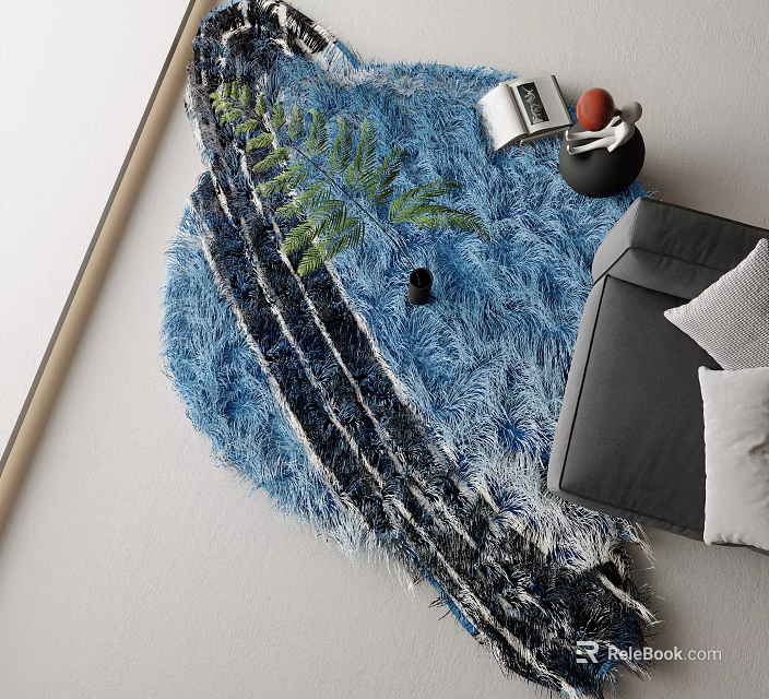 Soft Blue Fluffy Shaped Carpet With Sofa Green Plant And Books In Living Room 3d model 