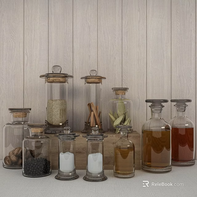 Glass Spice Jars Holding Assorted Spices Grains Liquid Seasonings With Cork Lids On Wooden Backdrop 3d model 