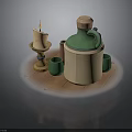 Still Life Tabletop Arrangement With Green Ceramic Jug Wooden Lid Lit Candle And Cups