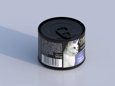Black Canned Wet Cat Food With White Cat Image And 185g Label 3d model
