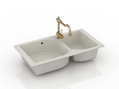 White Double Basin Ceramic Sink With Gold Faucet For Modern Bathroom 3d model