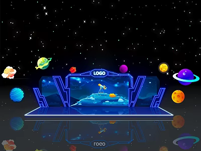 Starry Sky Themed Stage with Blue Structure Planets LOGO and Reflection 3d model