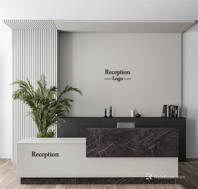 Modern Reception Desk With Marble Countertop Large Green Plant And Wall Sign Interior 3d model 