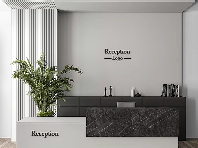 Modern Reception Desk With Marble Countertop Large Green Plant And Wall Sign Interior 3d model