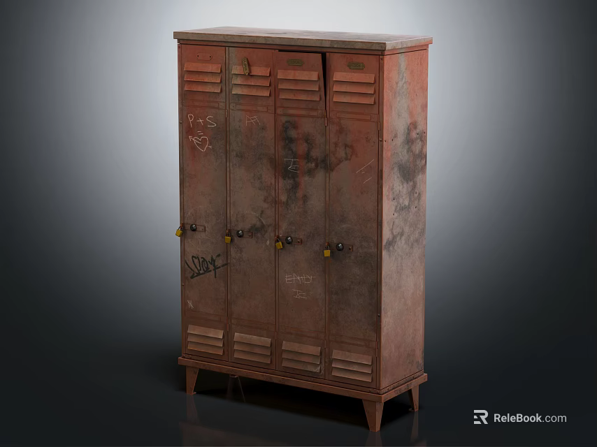 Vintage Locker Cabinet With Multiple Doors Weathered Finish Graffiti Details And Rustic Red Color 3d model 