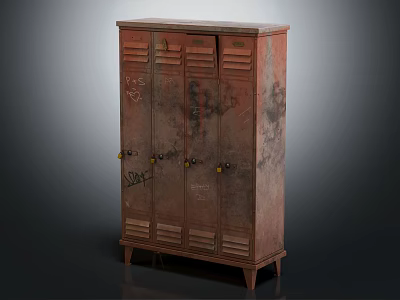 Vintage Locker Cabinet With Multiple Doors Weathered Finish Graffiti Details And Rustic Red Color 3d model