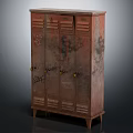 Vintage Locker Cabinet With Multiple Doors Weathered Finish Graffiti Details And Rustic Red Color