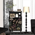 Floral Decorative Cabinet With Coffee Machine Tea Boxes Green Plant Near White Shade Floor Lamp