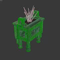 Traditional Ceramic Square Vessel With Intricate Carved Patterns Four Legs And Incense Sticks