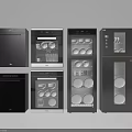 Modern Kitchen Appliances With Black Stainless Steel And Glass Doors For Dishes Storage