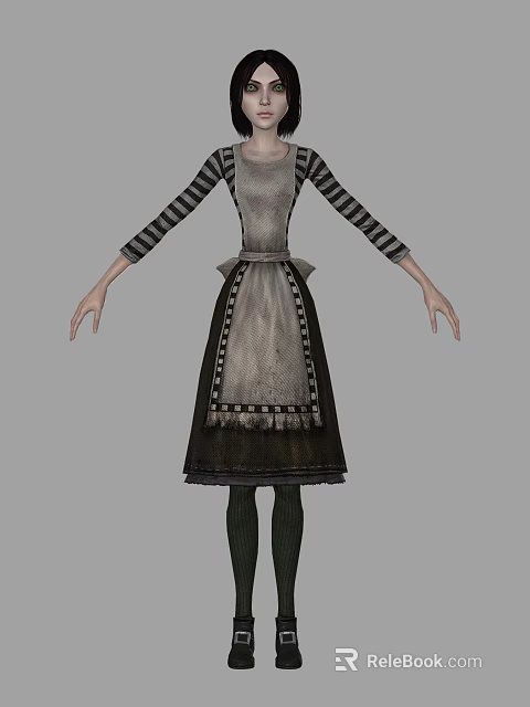 Woman in Striped Sleeve Dress with Decorative Trim Apron and Dark Socks 3d model 