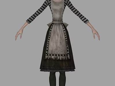 Woman in Striped Sleeve Dress with Decorative Trim Apron and Dark Socks 3d model