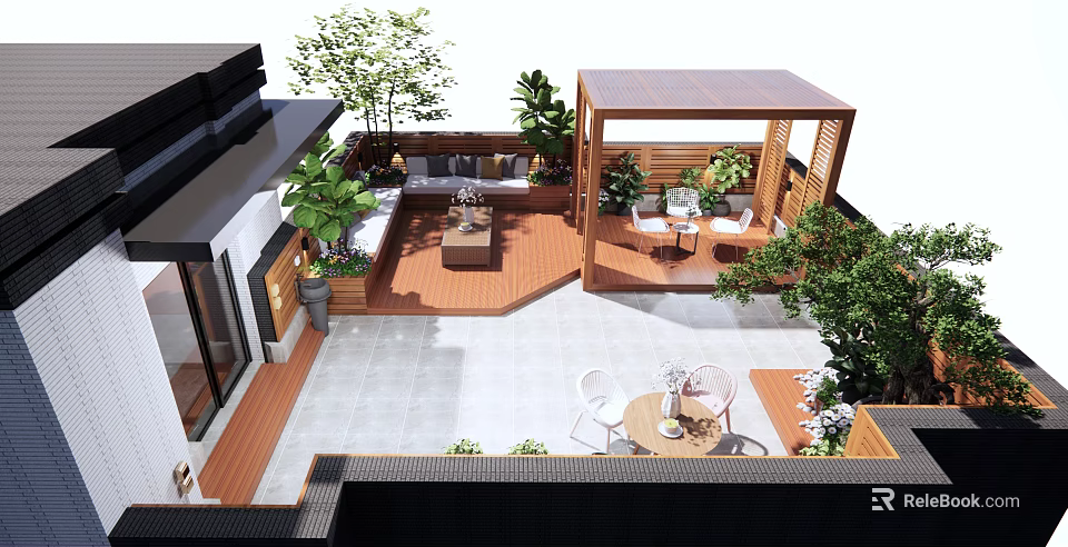 Roof Garden Design With Wooden Deck Green Plants Seating Area And Outdoor Furniture 3d model 