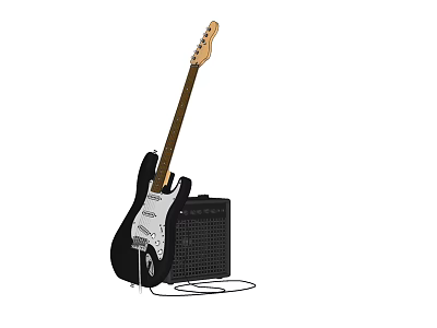 Electric Guitar With Amplifier And Connected Cable For Musical Instrument Setup 3d model