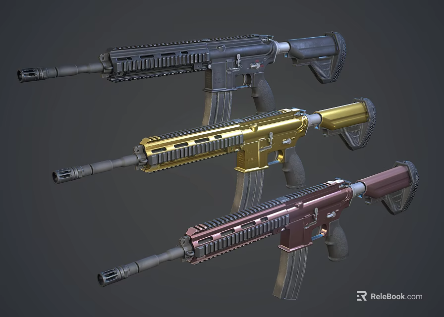 Modern Tactical Assault Rifles In Black Gold And Crimson Colors With Grips 3d model 