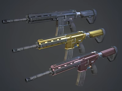 Modern Tactical Assault Rifles In Black Gold And Crimson Colors With Grips 3d model